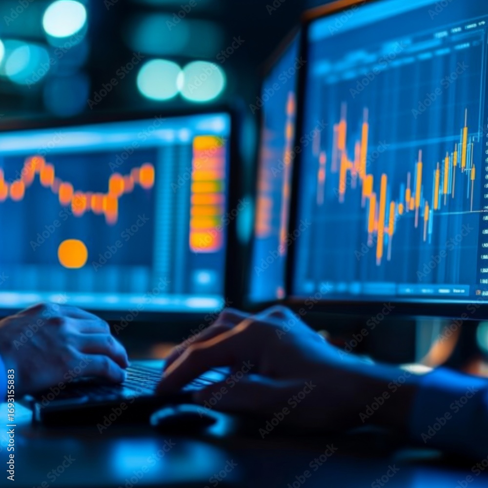 Poster financial trader analysis data charts on computer screen,investment ,stock market