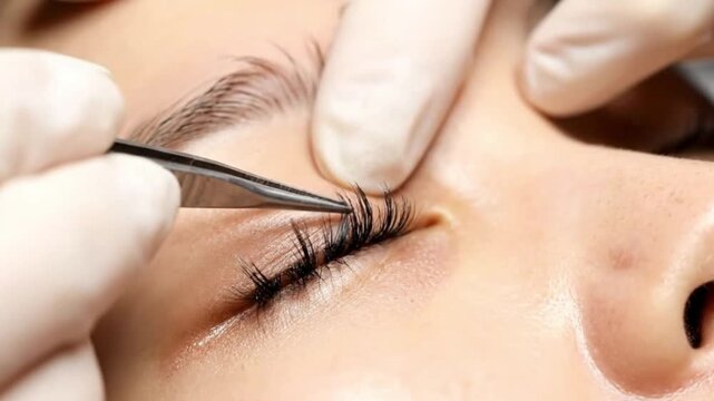 A closeup depicts a gloved hand using tweezers to apply false eyelashes