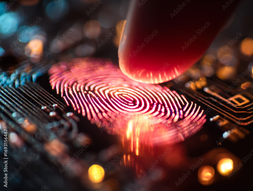 Poster close-up of biometric fingerprint scanning process on a digital device