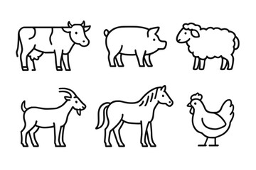 Outline drawings of farm animals: cow, pig, sheep, goat, horse, chicken