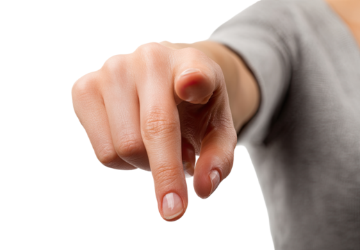 Close-up of a pointing finger. A woman's hand extends, index finger pointed directly at the viewer. Soft focus on skin, light gray sweater visible - Powered by Adobe