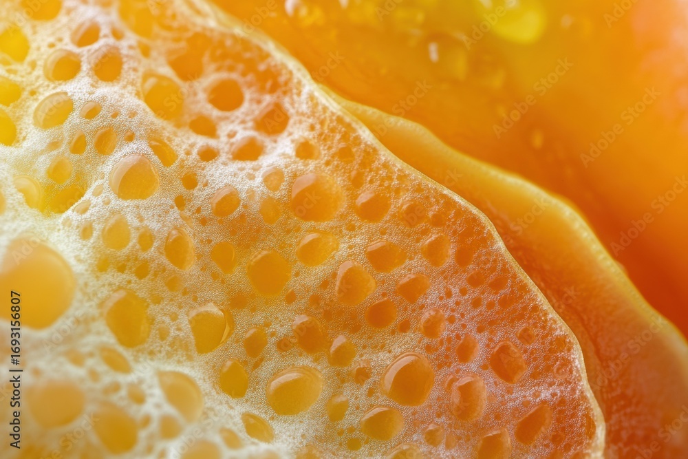 Poster close up view of an orange slice revealing textured surface and bubbling juice under soft light in a