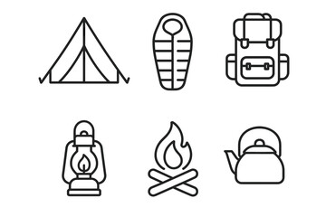Camping gear icons: tent, sleeping bag, backpack, lantern, campfire, kettle