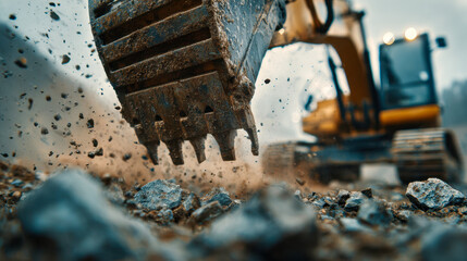 Close-up view of heavy tracked excavator bucket digging and breaking rocks in an active construction site with flying debris and dust in motion