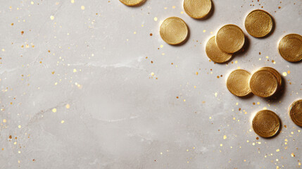 Golden coins scattered on smooth gray surface with sparkling gold confetti creating festive and elegant atmosphere