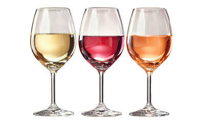 Three wine glasses, filled with white, ros?, and red wine, displayed side-by-side against a black background