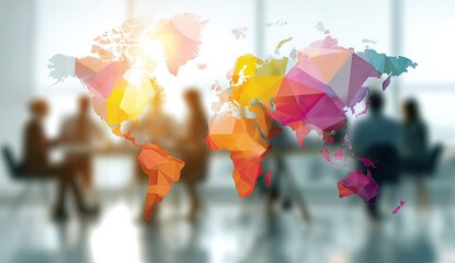 World map overlayed on a blurred business meeting