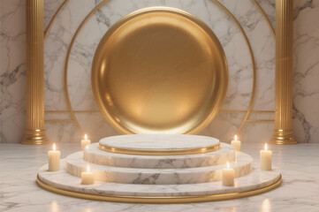Luxury marble podium with candles and gold accents