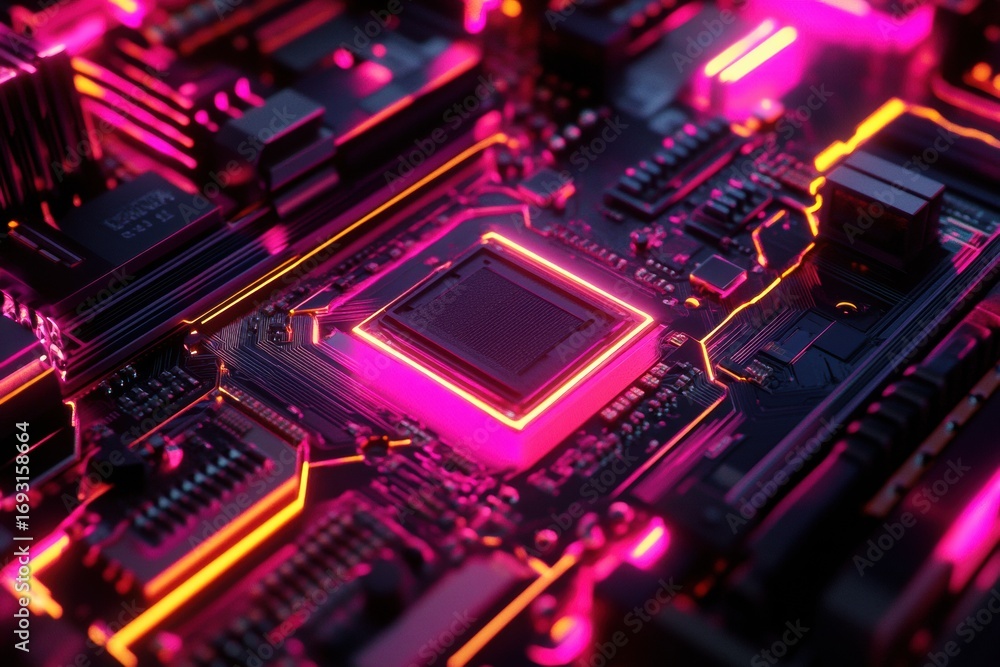 Poster close up view of a glowing circuit board with bright pink and orange lights emphasizing electronic c