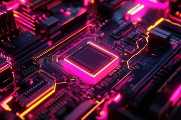 Obraz premium Close up view of a glowing circuit board with bright pink and orange lights emphasizing electronic components in a dark environment