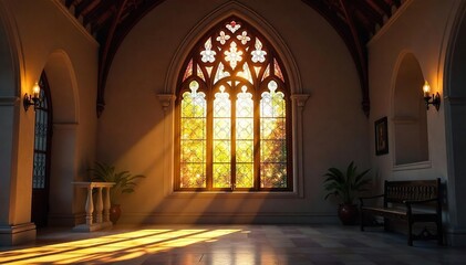 Fototapeta premium Serene sunlight streams through a beautiful arched stained glass window, illuminating a peaceful interior Perfect for home decor, religious, or spiritual themes , detail, tranquility