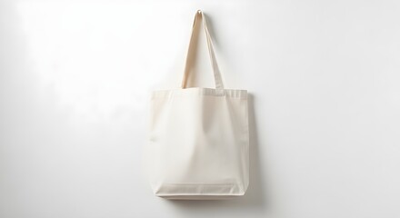 A blank, off-white canvas tote bag hangs against a white background.
