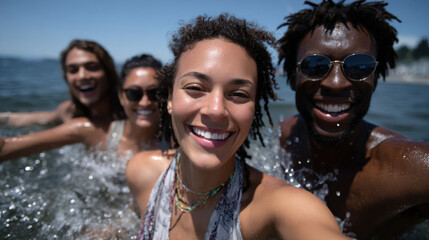 Obraz premium A joyful group of friends splashes water together at the beach, capturing their laughter and carefree spirit in a sunlit moment of friendship and playfulness by the sea.