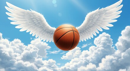 Basketball with angel wings in sky