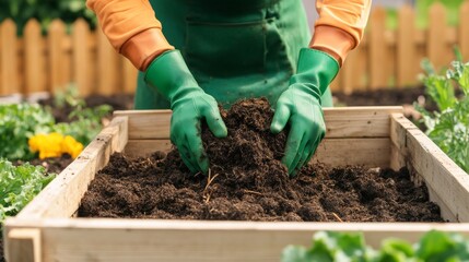 Gardener's Hands Preparing Soil in Raised Bed, gardening , homegrowing