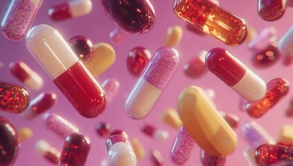 Vibrant, multicolored medicine capsules float in mid-air against a soft, pink backdrop, showcasing a dynamic and colorful design element.