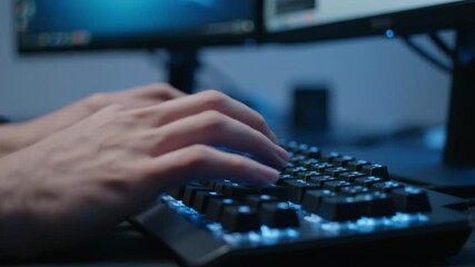 Closeup hand typing illuminated mechanical keyboard modern workspace, dual monitor technology setup, productivity and digital communication, blue ambient lighting creates focused efficient atmosphere