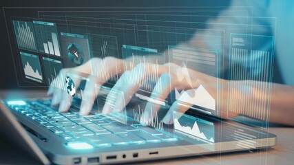 Close-up of Hands on a Keyboard with Tech Overlay - Powered by Adobe