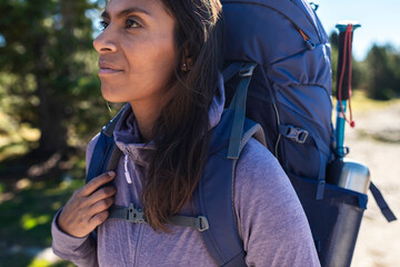 Close up of female hiker reflecting calmly during mindful outdoor journey