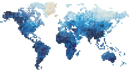 World map, pixelated, shades of blue