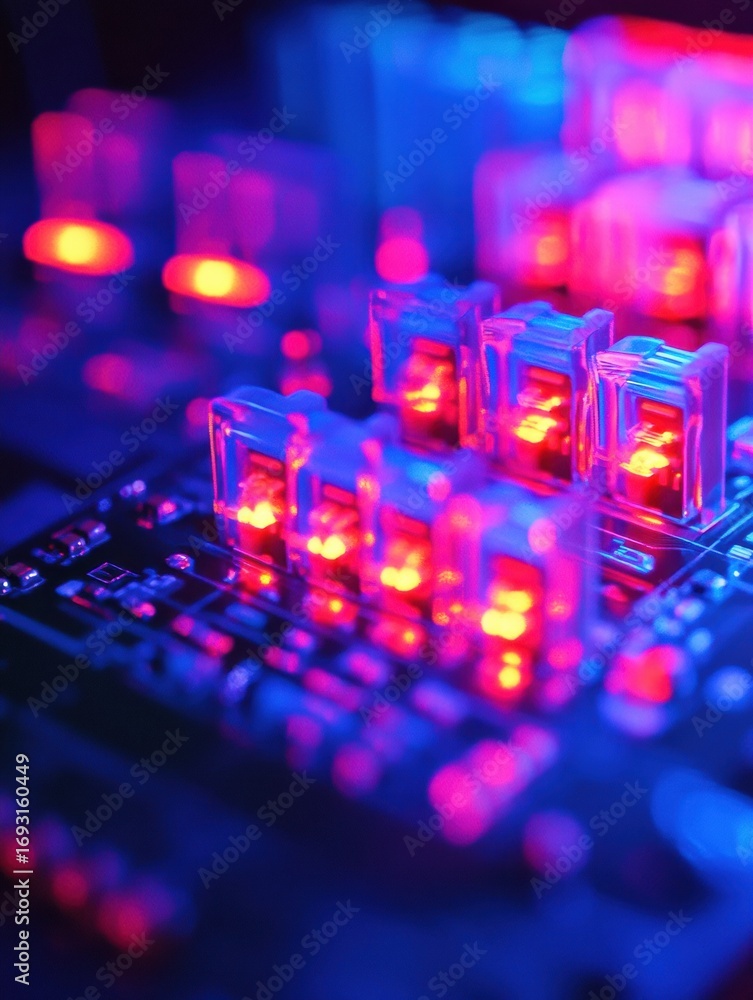 Poster colorful illuminated switches on a circuit board create a vibrant atmosphere in a tech workspace dur