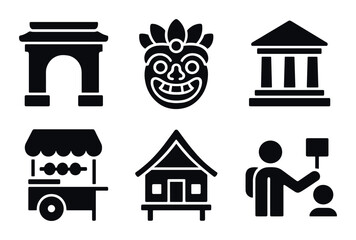 Cultural travel silhouette icon set. featuring arch, mask, temple, street food cart, house, tour guide.