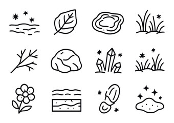 Nature elements linear icon set. featuring leaf, stone, crystal, branch, water, grass, and flower symbols.