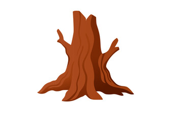 Tree stump with small branches sprouting from sides. Orange-brown wood texture with natural grain patterns. Forest element for outdoor designs. Vector illustration isolated on white background