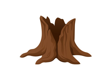Old weathered tree stump with visible roots. Dark brown wood texture showing natural aging process. Forest floor element with root system exposed. Vector illustration isolated on white background
