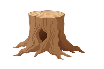 Tree stump with growth rings and small cavity hole. Light brown wood texture with natural grain pattern. Forest element for outdoor landscape designs. Vector illustration isolated on white background