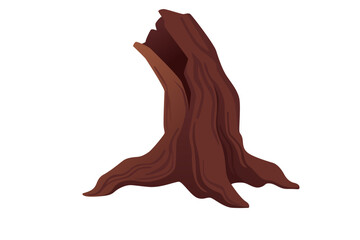 Weathered tree stump with irregular damaged surface. Dark reddish-brown aged wood with natural deterioration. Old forest element for rustic designs. Vector illustration isolated on white background