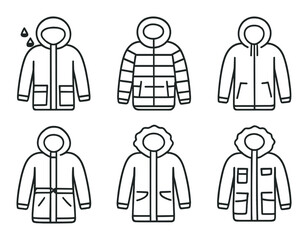 Winter coats linear icon set. featuring parka, trench coat, puffer jacket, duffle coat, and raincoat designs.