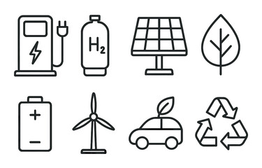 Eco energy flat icon set. featuring gas station, hydrogen, solar panel, leaf, battery, wind turbine, electric car, recycling.