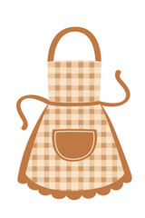 Gingham kitchen apron in brown and cream. Checkered pattern with matching trim and pocket. Traditional cooking wear for vintage kitchen style. Vector illustration isolated on white background