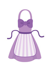 Purple kitchen apron with bow detail and striped pattern. Traditional cooking wear with elegant design and waist ties. Classic style for home baking. Vector illustration isolated on white background