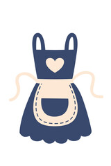 Navy blue kitchen apron with white heart on bib. Contrast trim and scalloped edges. Classic cooking wear for home baking and meal preparation. Vector illustration isolated on white background