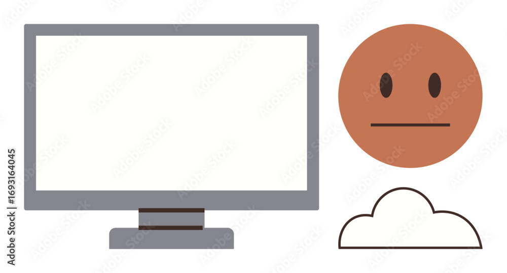 Poster neutral face beside computer monitor and cloud element, representing technology, emotion, online int