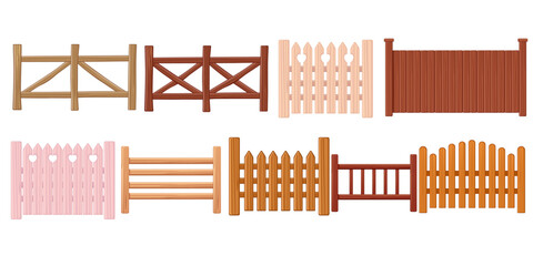 Wooden fence collection set. Various styles including cross-braced, picket and solid panels in different wood colors. Garden boundary elements. Vector illustration isolated on white background