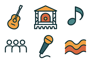 Music event linear icons set. featuring guitar, stage, music note, audience, microphone, soundwaves.