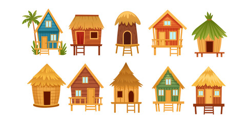 Tropical beach hut collection set. Wooden stilt houses with thatched roofs and palm trees. Bungalow vacation homes in different colors. Island resort architecture. Vector illustration isolated