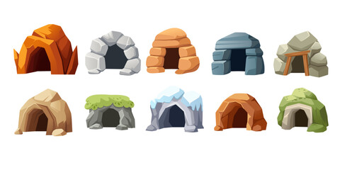 Cave entrance collection set. Stone arches and rocky formations in various materials. Natural underground openings with moss, ice, wooden supports. Game design elements. Vector illustration