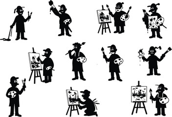 Naklejka premium Silhouettes of painters and artists holding brushes and palettes, painting on canvases, creating art, different painting poses and expressions.