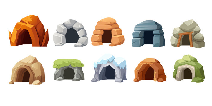 Cave entrance collection set. Stone arches and rocky formations in various materials. Natural underground openings with moss, ice, wooden supports. Game design elements. Vector illustration