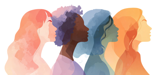 Diverse women's profile silhouettes, soft watercolor style