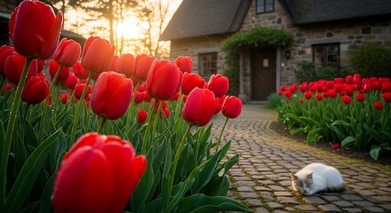Red Tulips Bloom Beside Cobblestone Path Leading to Quaint Cottage.