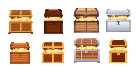 Open treasure chest collection with gold coins. Wooden and metal storage boxes filled with golden treasures. Pirate wealth containers. Game design elements. Vector illustration isolated on white