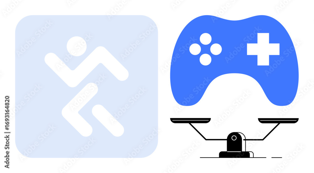 Poster stylized running figure and blue game controller on balanced scale emphasize harmony between fitness