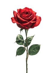 Naklejka premium Single vibrant red rose, dark background. Detailed petals, green leaves, long stem