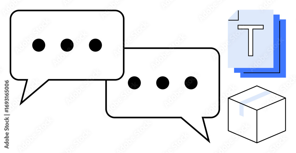 Poster overlapping chat bubbles with dots, text document stack, and a cube symbolize messaging, writing, or
