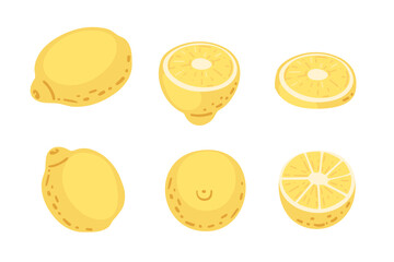 Lemon fruit collection. Yellow citrus with textured peel in whole and half forms. Sliced segments with visible pulp. Fresh sour fruit elements. Vector illustration isolated on white background